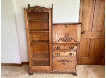 Antique Victorian Oak Secretary Desk Glass Bookcase Curio Cabinet