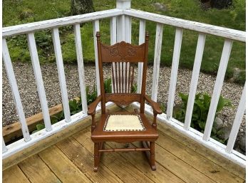 Beautiful Antique Solid Oak Rocker With Leather Seat & Nailhead Detail