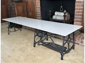 Antique 1800s Sewing Machine Base With Marble Top Made Into Long Coffee Table