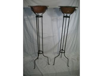 Fantastic Pair Of Wrought Iron Fern / Plant Stands W/Original Copper Bowls