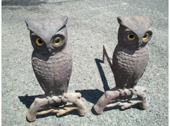 Fantastic Pair Antique  Owl Andirons  C.1880s W/Glass Eyes - AMAZING !