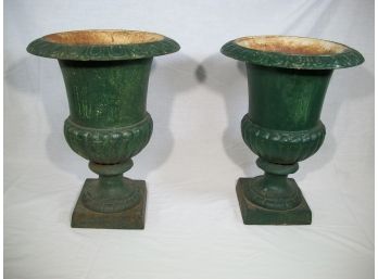Fabulous Pair Of Vintage Cast Iron Garden Urns C.1920's In Old Green Paint