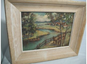 Beautiful Vintage Oil On Masonite Of River, Boat & Horses - VERY Well Done