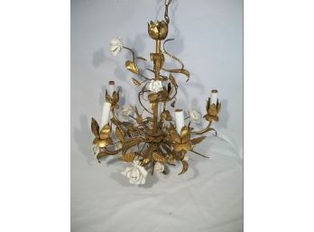 Vintage Italian Tole Chandelier W/White Porcelain Flowers - MADE IN ITALY