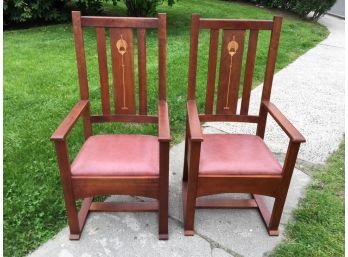 Incredible Pair L. & J.G. STICKLEY / Harvey Ellis Inlaid Cherry Armchairs W/Leather Seats