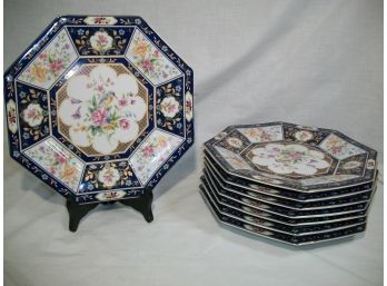 Eight Vintage Japanese Cabinet Plates  Hexagonal Great Colors And Design