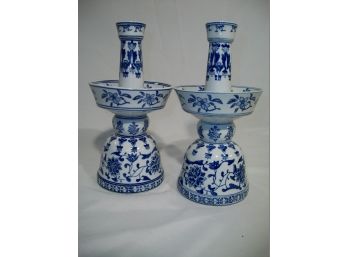 Pair Of VERY Unusual  Blue And White Candlesticks - Odd Shape
