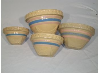 Nice Unusual Set Of Four Yellow Ware Nesting Bowls W/Blue Stripe
