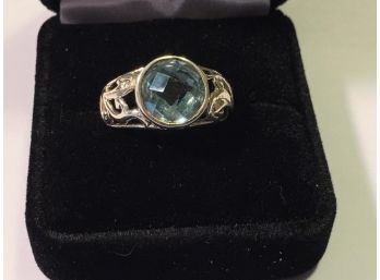 Beautiful Aquamarine Blue Stone Ring W/Sterling Silver / 925 Lattice  W/Box