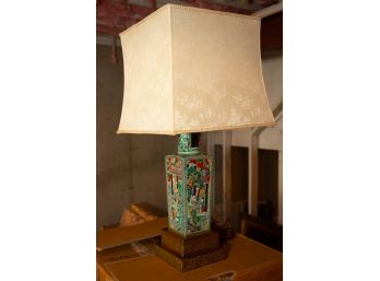Exquisite Chinese Cloisonne Lamp On Brass Base With Silk Shade