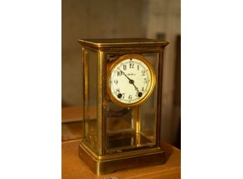 Antique Brass And Beveled Glass Mantle Clock