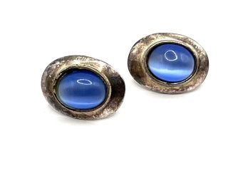 Vintage Sterling Silver Blue Tigers Eye Oval Earrings