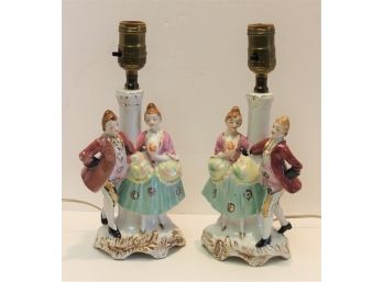 Pair Vintage Painted Victorian Courting Dancing Couple Porcelain Table Lamps-MILFORD PICK UP