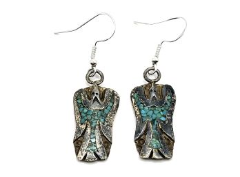 Vintage Native American Sterling Silver Turquoise Inlay Dangle Earrings