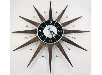 Modern Walnut And Chrome George Nelson Style Sun Burst Clock