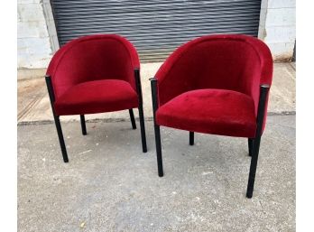 RARE Pair Of Mid Century Ward Bennett Designed Red Velvet Barrel Back Chairs For Brickel Associates