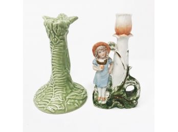 Antique Bisque Figural Candle Holder & Glazed Candle Holder