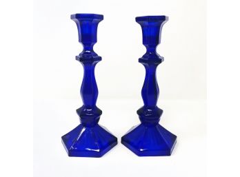 Pair Of Tall Cobalt Glass Candle Holders