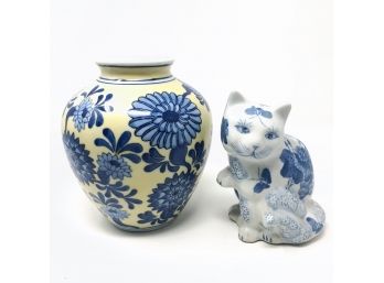 Chinese Porcelain Cat & Petite Vase
