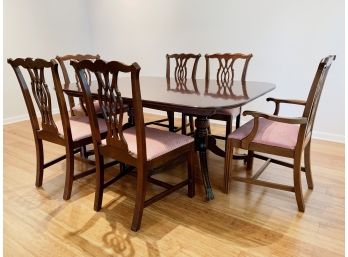 Double Pedestal Dining Table With Brass Feet On Casters & 6 Chairs