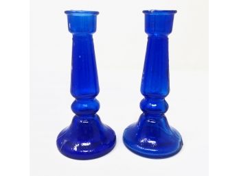 Pair Of Cobalt Glass Candle Holders