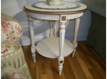 Vintage Style Round Accent Table W/Glass Top - Great Distressed Paint