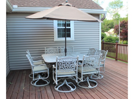 Beautiful Off White Wrought Iron Square Patio Table, Eight Chairs & Umbrella