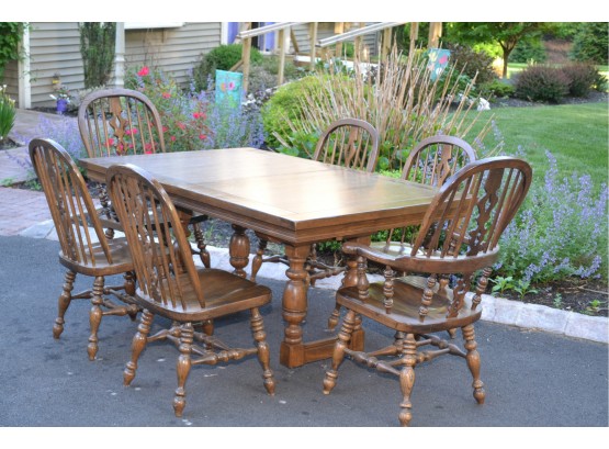 Vintage Ethan Allen Royal Charter Oak Dining Room Trestle Table/6 Chairs & 2 Piece Lighted Hutch