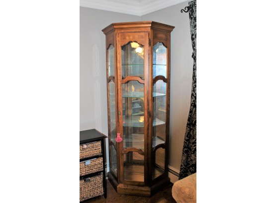 Handsome Tall Wood & Glass 5 Shelf Lighted Curio Cabinet