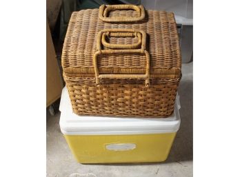 Vintage Wicker Picnic Basket / Vintage Amoco Yellow Cooler