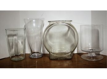 Glass Lot - Three Clear Glass Vases & Vintage Planters Peanuts Fish Bowl Jar