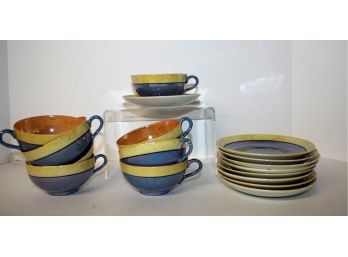 Vintage Japan Porcelain Lusterware Blue/Yellow/Orange Tea Cups & Saucers