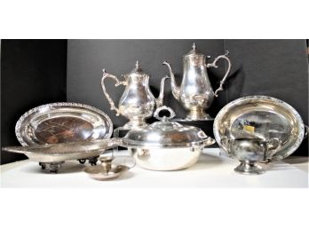 Silver Plate Lot Of Serving Pieces, Coffee, Tea, Bowls And More