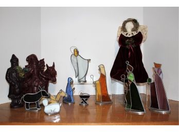 Christmas Holiday Lot - Stained Glass Nativity Set, Scented Wax Candles, Angel Doll
