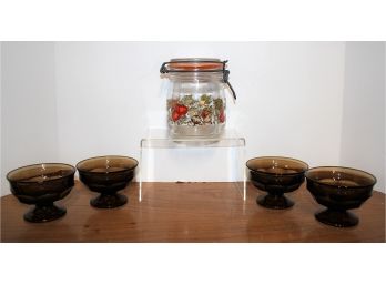 Vintage MCM Mushroom/Onions/Garlic Glass Canister & 4 Brown Glass Dessert Cups