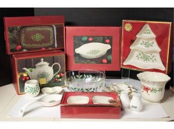 Lenox Holly Christmas Holiday Glass & Porcelain Lot, Spode Spoon Rest