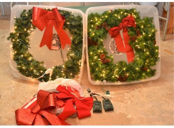 Two Large 26' Artificial Pre-Lit Holiday Wreaths W/Timers & Storage Containers