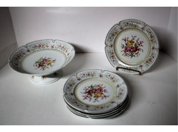 Seven Piece Vintage Bavaria Floral Porcelain Plates & Pedestal Dish