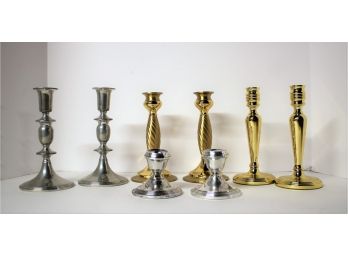 Four Pairs Of Taper Candlestick Holders, Sterling, Pewter & Brass