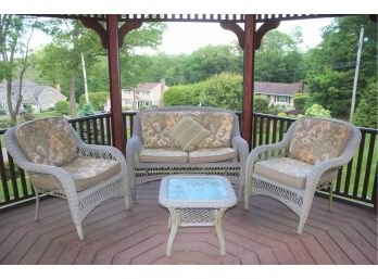 Four Piece Outdoor Light Green Wicker Patio Set W/Floral Cushions