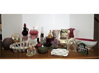 Pot Luck Decorative Lot!  Vtg Occupational Mug-Milkman, Cloissonne Brass Bell, Cranberry Glass, Blown Glass Flower & More