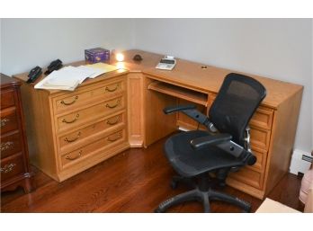 Light Oak Heavy Wood Three Piece Corner Computer Desk, Chair & Accessories