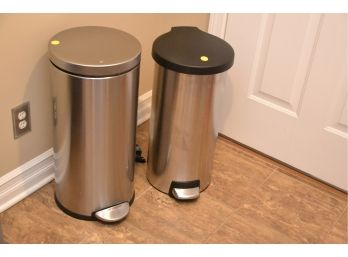 Two Tall Stainless Steel Round Step Trash Cans