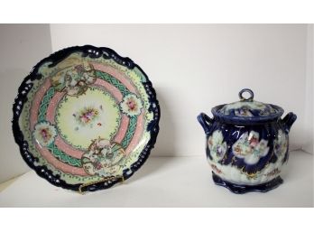 Two Vintage/Antique Cobalt Blue Porcelain, Lidded Jar & Plate