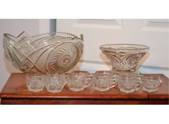 Vintage Cut Glass Punch Bowl Set W/Twelve Cups & Stand