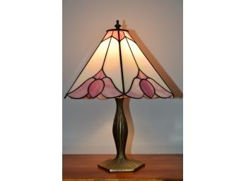 Pink & White Stained Glass 22' Table Lamp W/Brass Base