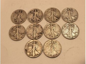 Ten United States Walking Liberty Silver Half Dollar Coins