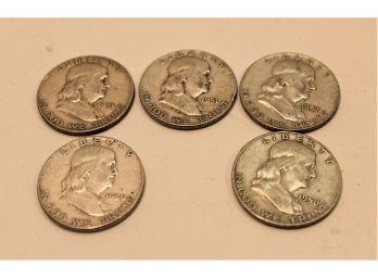 Five United States Half Dollar Ben Franklin Silver Coins, 1951, 1950, 1957, 1958