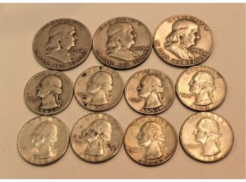 90% Silver Coin Lot - Three Franklin Half Dollars & Eight Quarters 1943-1964