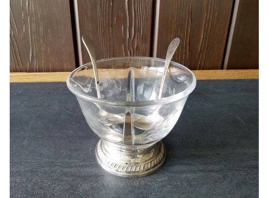 Vintage Sterling Base Etched Glass Divided Divided Serving Bowl With Sterling Silver Spoons